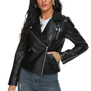 Black Faux Leather Moto Biker Vegan Tailored Fit Jacket